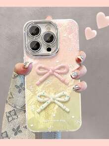 3D Relief IMD Glossy Oil Three-Dimensional Bow Phone Case, Compatible With 16/15/14/13/12 Pro Max/11/17 Pro/17 Pro Max, Fashionable Anti Drop, Waterproof, Anti Drop, Anti Scratch Protection, Back Cover UV Protection - Pink - View 3