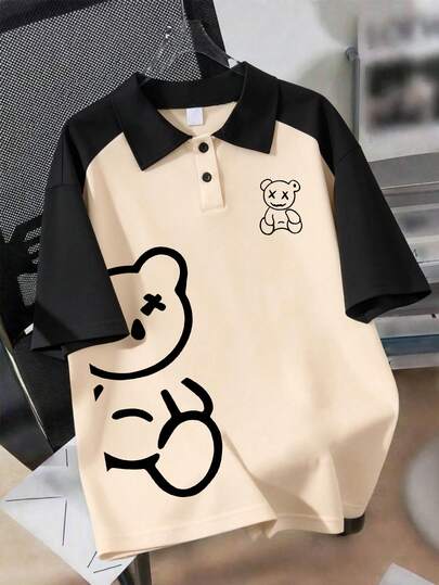 男童休闲小熊图案印花Polo衫短袖T恤，舒适日常穿着，适合青少年，春夏款