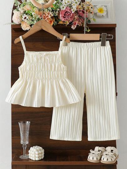 女婴可爱优雅纯色3D蝴蝶结吊带背心搭配松紧腰裤，两件套，时尚百搭的返校礼物，适合春夏穿着，日常、派对、外出皆宜。