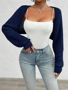 Casual Minimalist Solid Color Ribbed Knit Cardigan - Royal Blue - View 3