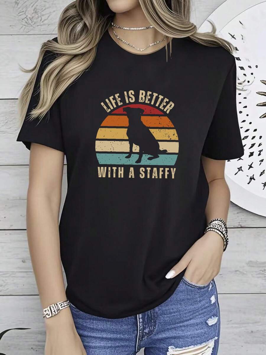 women t-shirt print Life Is Better With A Staffy T Shirt Vintage Staffordshire Bull Terrier Dog Lover s Black long or short sleeves - Schwarz - Übersicht 1