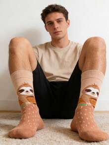 1 Pair Men's Light Brown Contrast Cartoon Sloth Pattern Mid-Calf Socks, Casual Socks For All Seasons - Multicolor - View 5