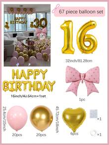 67件組粉色與金色生日派對裝飾套組，金色生日快樂橫幅，粉色蝴蝶結鋁箔氣球，適用於生日派對用品、驚喜派對、公主生日派對、房間裝飾、週年慶祝鋁箔氣球裝飾 - 金色數字生日 - 查看 16