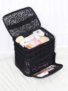 Black Minimalist Fashion Mesh Leopard Print, Large Capacity Multi-Functional 3-Layer Makeup Bag, Single Handle Multi-Pocket Convenient Design, Foldable Storage Bag, Compartment Storage - Black - View 2