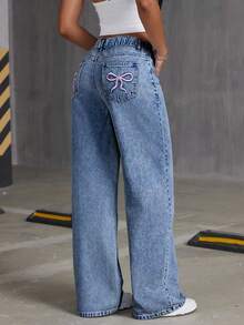 Quần jeans ống đứng ống rộng thêu hình bướm thoải mái, rộng rãi, dễ mặc cho bé gái tuổi teen - Rửa tối - Xem 3