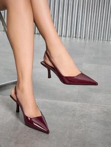 2025秋冬季女士高跟鞋，尖头细高跟鞋，时尚细跟鞋，后系带踝带凉鞋，猫跟鞋，优雅 - 酒紅色 - 查看 15