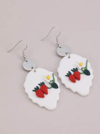 1 Pair Sweet White Base Strawberry Flower Earrings, Fresh Holiday Vibe, Cute & Pastoral Style Suitable For Daily Dates, Parties, Amusement Parks
