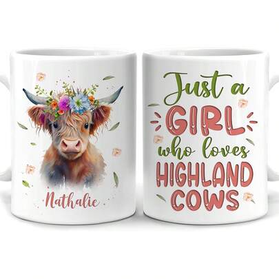 Cốc cà phê gốm sứ 11oz in hình cá nhân "Chỉ là một cô gái yêu thích những chú bò cao nguyên", món quà dễ thương dành cho người yêu động vật, thích hợp làm quà sinh nhật cho phụ nữ/bé gái, cốc gốm in hai mặt, có thể tái sử dụng, dùng được trong lò vi sóng và máy rửa chén, quà sinh nhật, quà Ngày của Mẹ.