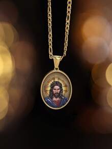 1pc Stainless Steel European American Jesus Necklace | High-End Fashion Link Chain Gold Plated Pendant Necklace Suitable Unisex - Multicolor - View 9
