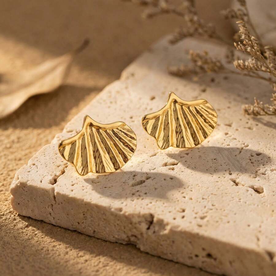 Ginkgo Leaf Earrings, Beach Vacation Style, Gold Stainless Steel Metal, Seaside Photo Jewelry, Fashionable Personalized Earrings, Women's Daily Summer Travel Pool Party Vacation Bikini, Holiday Gift For Girlfriend/Family