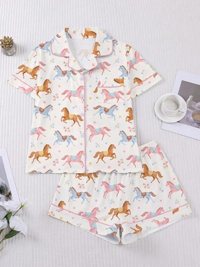2pcs Spring/Summer Women Pajama Set, Horse Print For Year Of The Horse, Romantic Gift, Comfortable Shirt Collar Short Sleeve Top And Elastic Waist Shorts, Sleepwear For Party, Casual Outdoor & Home Wear