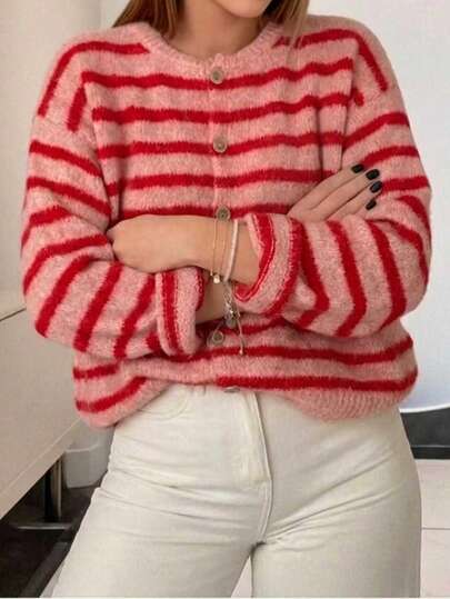 Damen Retro gestreifter Cardigan, Lässig Alltagskleidung, geeignet für Frühling/Herbst/Winter, ideal für Valentinstag