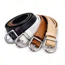 Set Of 4 Women's Thin Belts, 1.5cm Wide, Colors: Black/White/Caramel/Leopard Print, Silver Buckle, Fashion Blogger Style - Ana - 彩色 - 查看 3