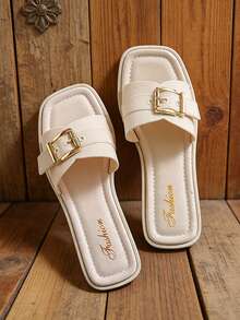 女士优雅方头H型平底拖鞋，柔软人造革露趾拖鞋，时尚轻便压纹拖鞋，适合海滩、度假和日常休闲穿着 - 白色 - 查看 2