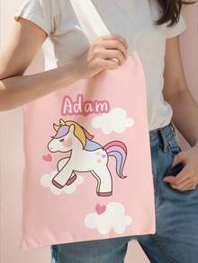 1pc Customizable Name/Text Printed Casual Tote Bag, Children's Shoulder Bag, Reusable Fashion Shopping Bag, Multifunctional Shoulder Bag - Multicolor - View 4