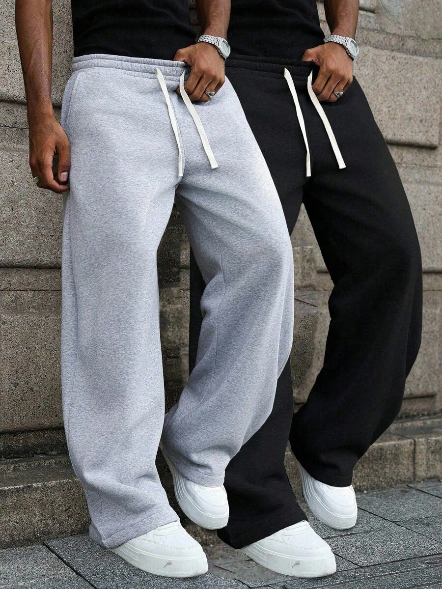 2pcs Men's Loose Fit Casual Solid Color Wide Leg Sweatpants, With Drawstring Waist And Large Pockets, Suitable For Daily Walking, Work, Travel And Other Occasions - Multicolor - View 1