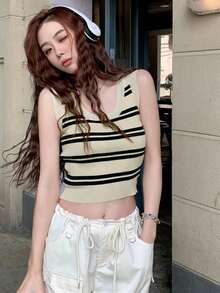 Áo tank top nữ cổ tròn kẻ sọc dáng ngắn ôm sát phong cách thường ngày - Màu be - Xem 2