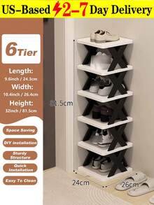 6 Tier Narrow Shoe Rack, New Upgraded Shoe Shelf Small Vertical Shoe Stand, Space Saving DIY Free Standing Shoes Storage Organizer For Entryway, Closet, Hallway, Easy Assembly And Stable In Structure, Black & White - Multicolor - View 2
