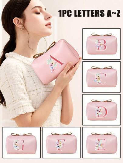 1个时尚简约粉色字母化妆包，大容量化妆包，护肤品收纳包，洗漱包，旅行必备，邮轮必备，宿舍必备，随身化妆包，口红收纳包，卫生巾收纳袋，多功能收纳袋，电线收纳袋，小物件收纳袋，便携式旅行洗漱包