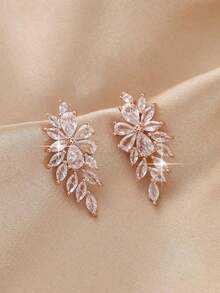 1 Pair Luxury Floral Cubic Pendant Earrings, Bridal Wedding Jewelry Girlfriend - 金色 - 查看 3