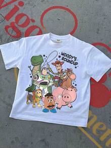 Disney Retro  Family Portrait Print T-Shirt Men American Casual Heavyweight Cotton Tee - 白色 - 查看 2