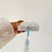 Transparent Blue Rose Bow Print Folding Phone Case With Chain, Suitable For Samsung Galaxy Z Flip3 5G/Galaxy Z Flip 4 5G/Galaxy Z Flip 5 5G/Galaxy Z Flip 6 5G/Galaxy Z Flip 7 5G, Fashionable Women Folding Phone Case - Multicolor - View 3