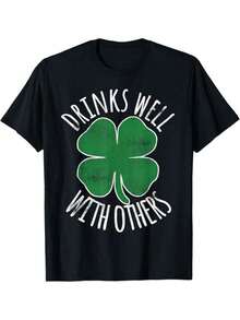 Nueva camiseta de moda de primavera y verano, 1 pieza, camiseta de hombre para el Día de San Patricio con diseño de trébol irlandés y olla dorada - "Enjoy Drinking With Others" (Disfruta bebiendo con otros), eslogan divertido, negra con estampado de trébol verde, camiseta casual de manga corta con cuello redondo, lavable a máquina, cómoda para uso diario y atuendos del Día de San Patricio, diseño festivo de trébol, corte holgado para adultos, adecuada para todas las estaciones, ideal para salidas informales y celebraciones de temática irlandesa, camiseta vintage de manga corta de algodón suave y transpirable de 180g para hombre. - Negro - Ver 1