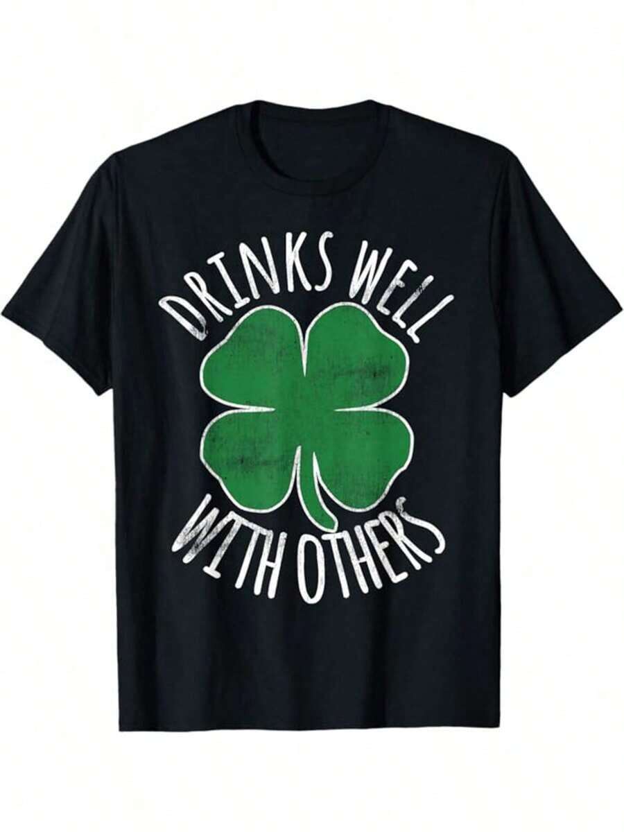 Nueva camiseta de moda de primavera y verano, 1 pieza, camiseta de hombre para el Día de San Patricio con diseño de trébol irlandés y olla dorada - "Enjoy Drinking With Others" (Disfruta bebiendo con otros), eslogan divertido, negra con estampado de trébol verde, camiseta casual de manga corta con cuello redondo, lavable a máquina, cómoda para uso diario y atuendos del Día de San Patricio, diseño festivo de trébol, corte holgado para adultos, adecuada para todas las estaciones, ideal para salidas informales y celebraciones de temática irlandesa, camiseta vintage de manga corta de algodón suave y transpirable de 180g para hombre. - Negro - Ver 1