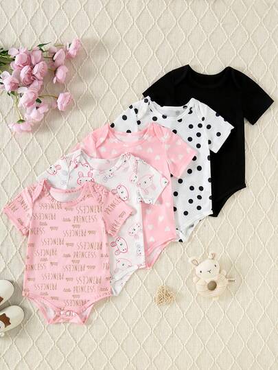 5pcs/Set Comfortable & Cute Infant & Baby GirlCasual Romper Set, Spring/Summer