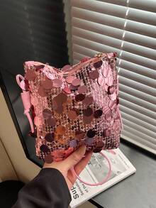 1个绗缝亮片翻盖PVC零钱包，时尚闪亮亮片手拿包，女士派对活动包，新款时尚链条斜挎包，闪亮亮片独特单肩包，适合女士宴会和派对出席 - 彩色 - 查看 7