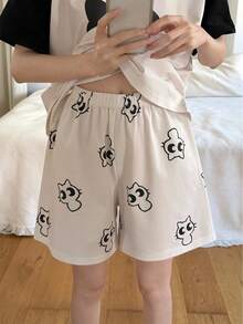 2件套女童卡通猫咪印花圆领插肩袖睡衣套装，短袖上衣和短裤 - 黑與白 - 查看 6