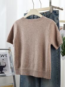 Women's Gray Button Cardigan - Casual Fashionable Short Sleeve Cardigan, Stretchy, H-Shaped Silhouette, Suitable For Spring And Summer, Ribbed Detail Design, Button Closure, Breathable Fabric, Cardigan Style, Essential Spring/Summer Item - Camel - View 3