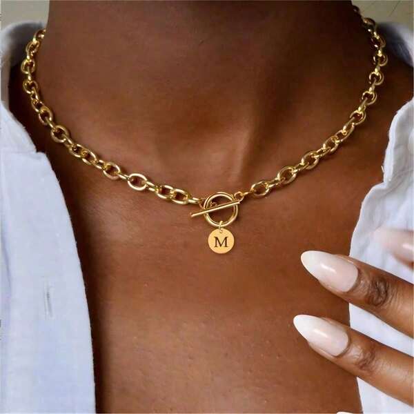 1pc Fashion Stainless Steel Heart Letter Pendant T-Buckle Necklace, For Women Party Wear