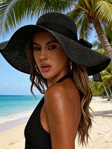 1 Stück Damen Strohhut mit breiter Krempe und Schleife, Urlaubsstil Sonnenschutz Hut, faltbarer Strandhut für den Sommerurlaub - A - Übersicht 4
