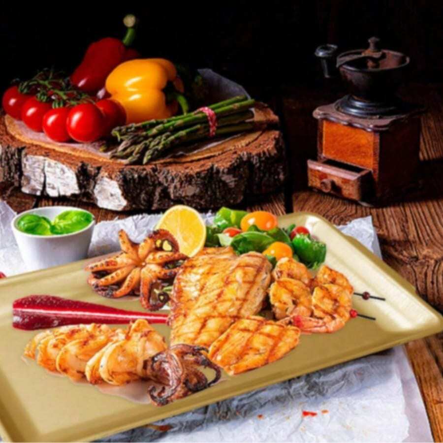 不锈钢托盘，金色长方形餐盘，适用于盛放食物、水果，也适用于派对、婚礼和圣诞节等场合。它们不易剥落和刮花。 - 灰色 - 查看 1