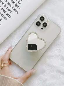 Shockproof Mirror Element Push-Pull Phone Holder 1pc Self-Adhesive Heart-Shaped Diamond Mirror Phone Holder, Expandable Phone Case Accessory, Fashionable Creative Phone Case Decoration Spring Birthday Gift Party - White - View 4