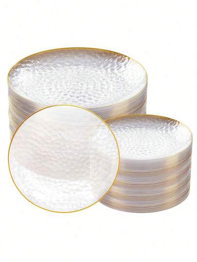 1/12/25pcs Set Elegant Transparent Gold-Rimmed Tableware Set, Salad Plates, Hammered Design Plates For Desserts, Dishes, Steaks, Pasta, Cakes, Snacks, Fruit Platters - Ideal For Parties And Weddings: Birthday Parties, Weddings, Mother's Day, Mother's Day Gifts, Various Parties (Kitchen Utensils, Full Tableware Set, Plates, Trays, Kitchen Accessories)