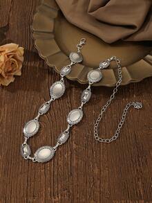 复古做旧银色椭圆形金属腰链，可调节女士腰带夏季穿搭 - 舊銀色 - 查看 4