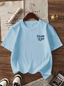 1pc Boys' Casual Letter Print Round Neck Short Sleeve T-Shirt, Summer Student Youth Clothing - The T-Shirt With English Letter Print Brings Joy And Happiness To Every Child! Let Everything That Has Breath Praise The Lord. - Baby Blue - View 7