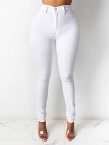 Women's High-Waisted Slim Fit Denim Pencil Pants Casual Long Trousers 2025 - 白色 - 查看 2