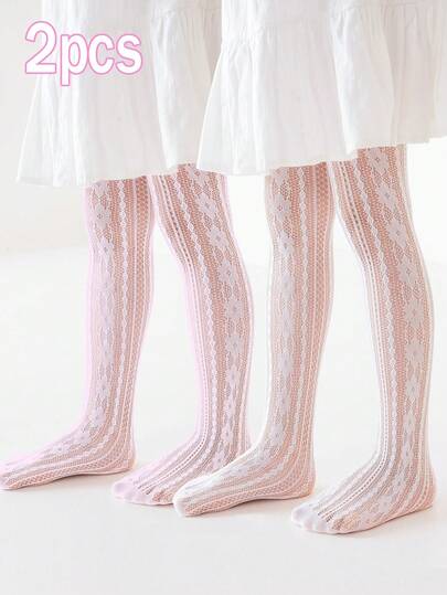2pcs Girls' Sweet Floral Jacquard Hollow Breathable Tight Leggings, Nylon Material Soft And Comfortable, Suitable For Lolita Style Clothing, Fresh And Cute Style Girls' Tights