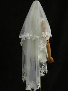 Appliques Wedding Veil With Comb Cover Face Two Layer Bridal Veils Customized - Multicolor - View 5