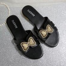 Black Flat Sandals With 3D Gold Bowknot Decor, Women Open Toe Slip-On - Black - View 6