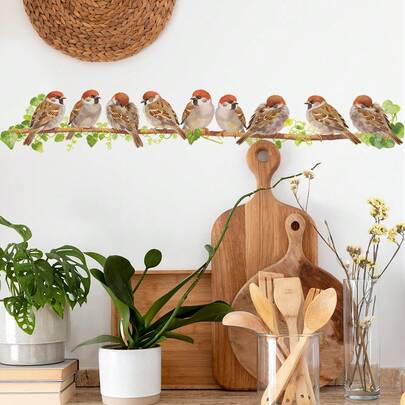 1张麻雀栖息树枝墙贴，适用于房间装饰、节日家居装饰、最佳礼物、乙烯基墙贴、可移除贴纸