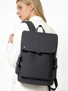 1 Pc Stylish Roll-Top Large Capacity Backpack. Multi-Compartment Storage Backpack With Laptop Compartment & Front Zipper Pocket. Durable Water-Resistant Fabric Travel Backpack With Luggage Strap. - Black - View 7