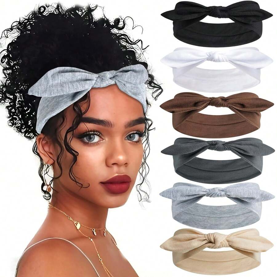 6pcs Bowknot Headbands, Women Bohemian Headwraps, Non-Slip Elastic Yoga Hair Bands, Sports Hair Accessories, Solid Color Cute Polyester,Festival,Party - Multicolor - View 1