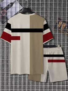 2026夏季男士轻薄涤纶T恤套装，速干短袖，3D数字印花，休闲圆领，白/黑/红条纹设计 - 彩色 - 查看 6