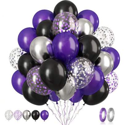 60/30pcs Purple & Silver Balloons Set, Metallic Black, Silver, Purple Paper Balloons, Latex Balloons For Birthday, Wedding, Graduation Party Decoration