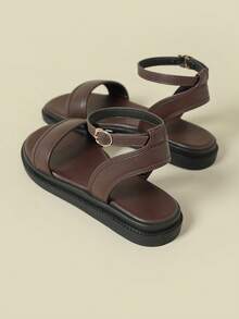 2026新款女士平底凉鞋,搭扣设计,低跟厚底,清新波西米亚复古风露趾舒适孕妇鞋,适合夏季海滩、休闲场合,咖啡棕色、糖果色系,优雅大方,尺码3-10。 - 咖啡棕 - 查看 4