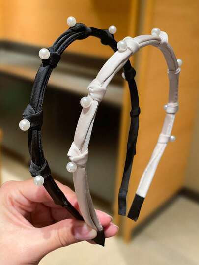 2pcs/1pc Women's Faux Pearl Fabric Knotted Headband, Elegant Style, Women Hair Accessories. Suitable For Daily Casual, Face Washing, Shopping, Dating Wear.